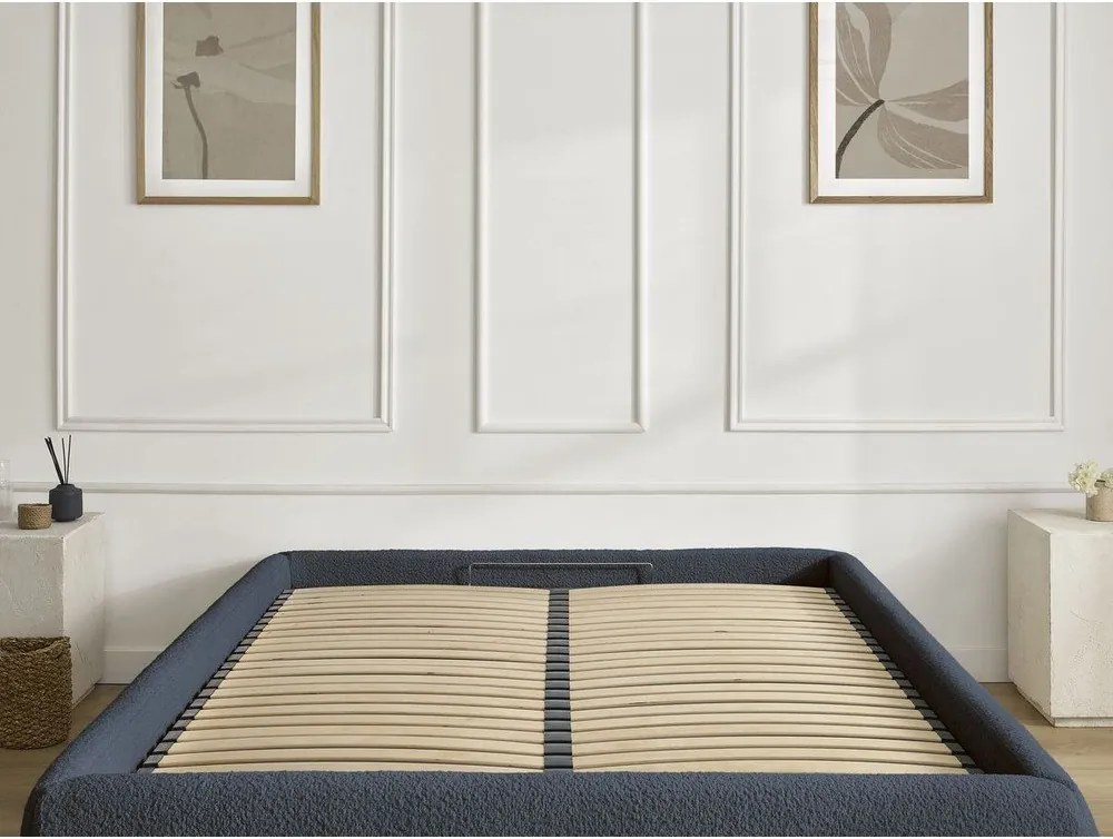 Pat matrimonial albastru închis tapițat cu spațiu de depozitare/fără tăblie cu somieră 160x200 cm Inera – Bobochic Paris
