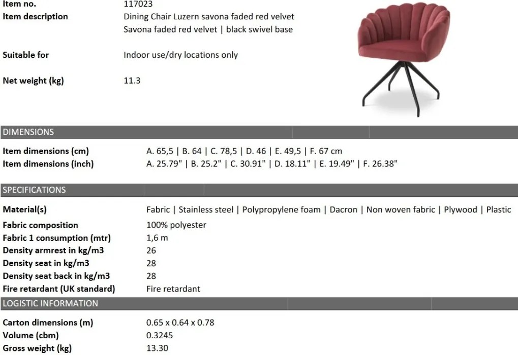 Scaun pivotant design elegant LUX Luzern, Savona faded red