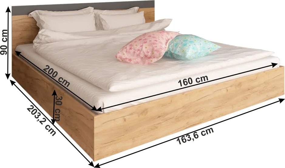 Pat dublu, 160x200, stejar artisan/grafit, GABRIELA