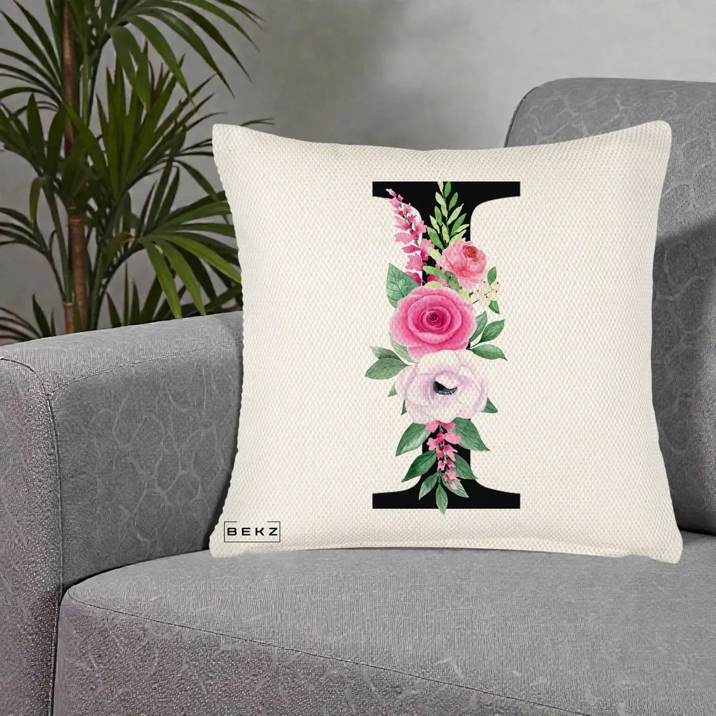 Cadou Personalizat - Perna Personalizata Monograma Florala Litera I, 40x40 cm, Crem Reliefat, Husa Detasabila, Perna Inclusa, BEKZ®