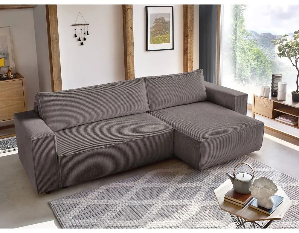 Colțar maro închis extensibil cu tapițerie din catifea reiată (cu colț variabil) Nihad – Bobochic Paris
