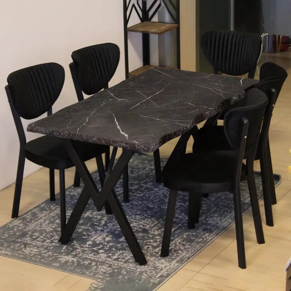 Set Masa de bucatarie Barton din MDF cu 4 Scaune  din metal, culaore negru si negru, 140 cm