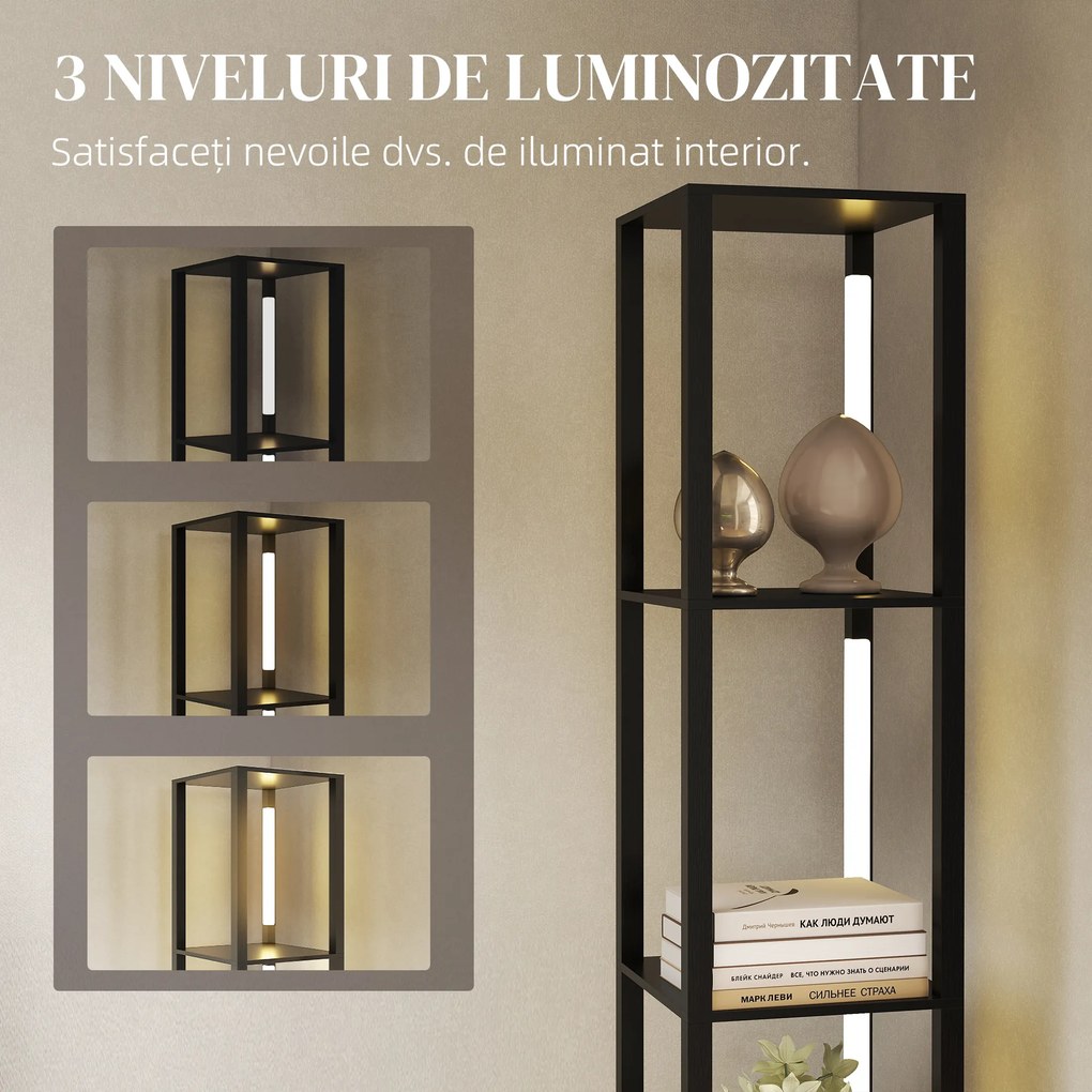 HOMCOM Lampă de Podea cu 4 Rafturi și 3 Luminozități Reglabile 29x29x163cm Negru | Aosom Romania