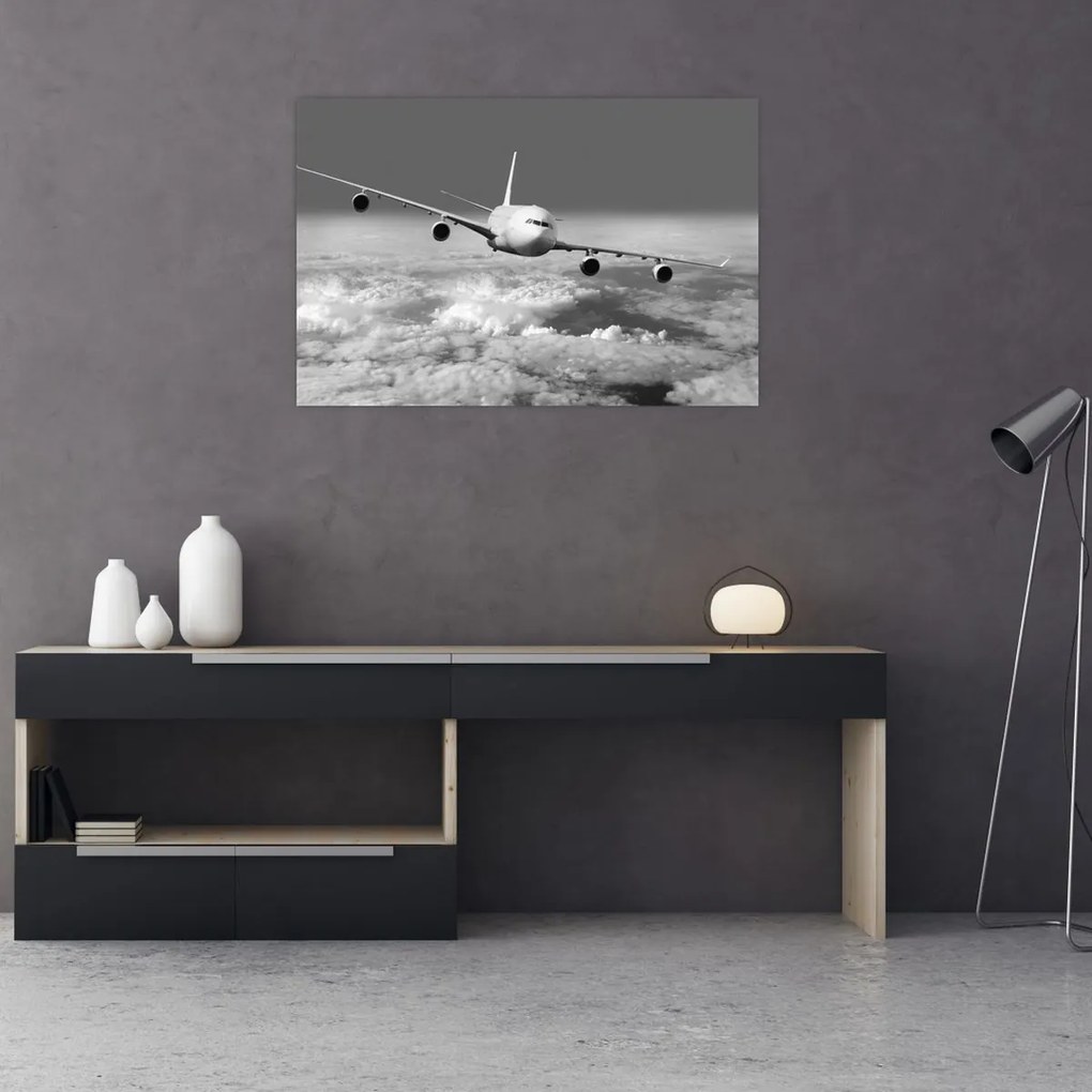 Tablou - Avion în nori, alb și negru (90x60 cm)