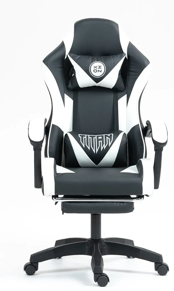 Scaun gaming, masaj în perna lombară, suport picioare, piele PU, Negru/Alb