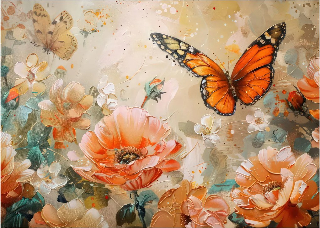 Tablou - Fluture și flori, pictură în ulei (70x50 cm)