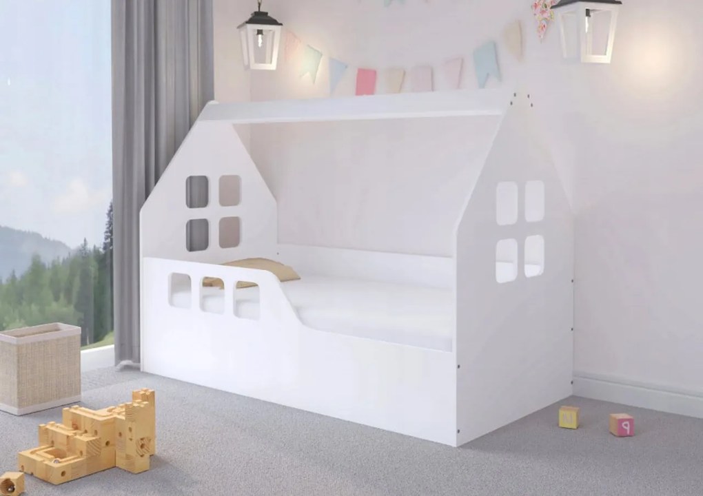 Pat tip casuta pentru copii NOVOKIDS™ MAGIC LITTLE HOUSE, 160x80 CM, Set cu Saltea din Spuma MATSEN® 10 CM Inclusa, Somiera Sistem FLEX, Protectie