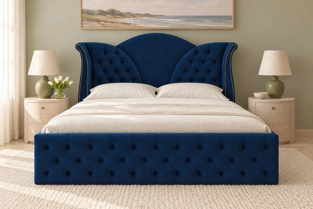 Pat tapițat Chesterfield din catifea Velora 160×200 cm, bleumarin, cu ladă de depozitare