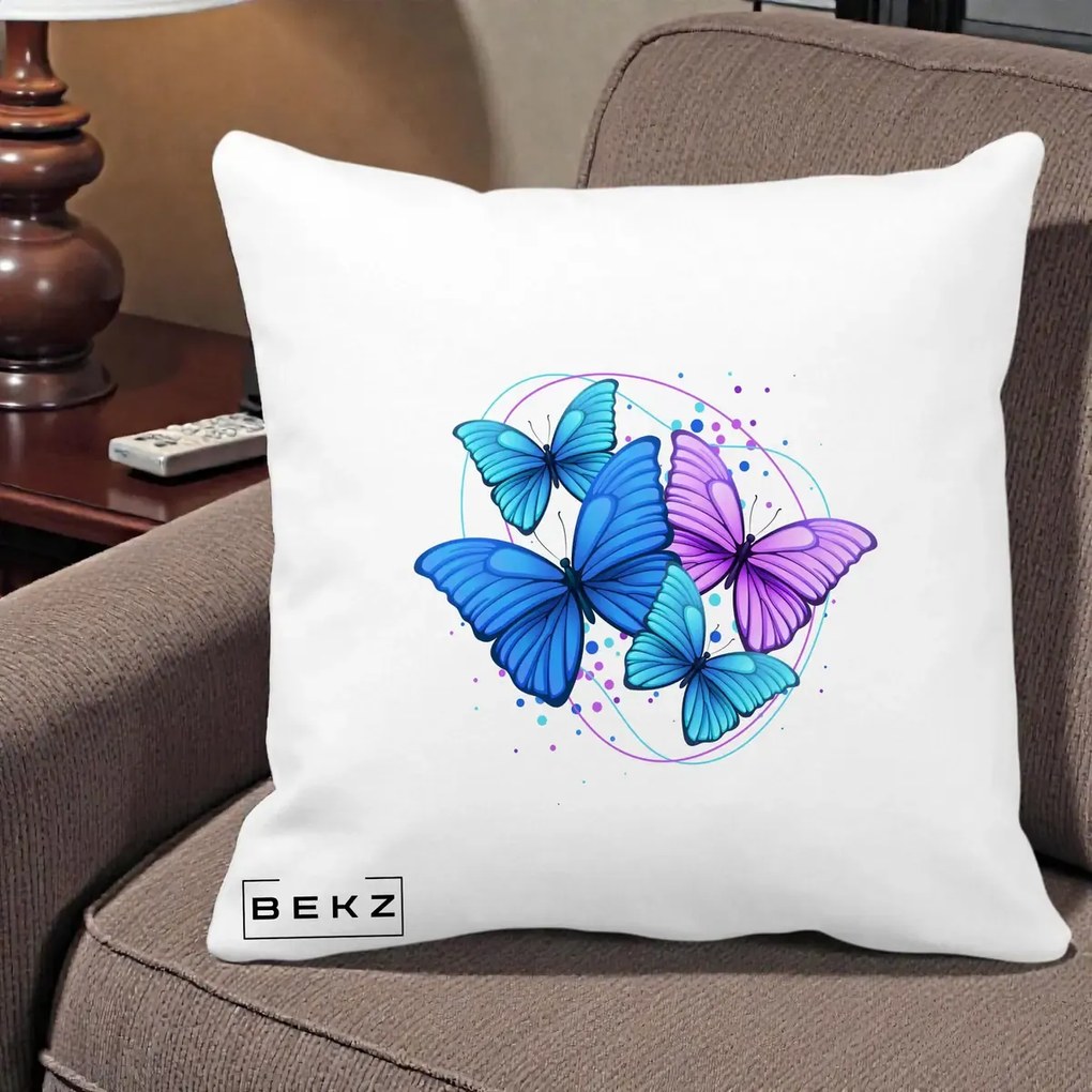 Perna Decorativa Patru Fluturi Turcoaz-Violet, 40x40 cm, Alba Mata, Husa Detasabila, Perna Inclusa, BEKZ®