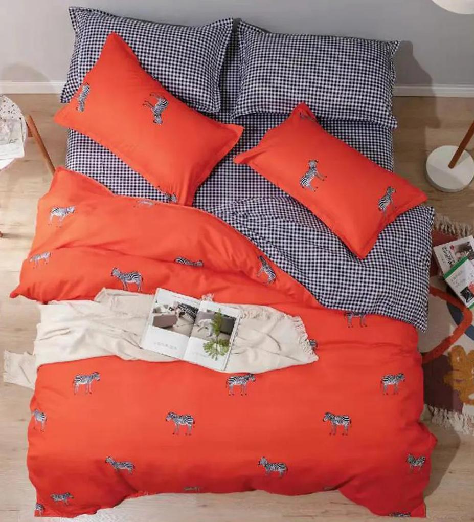 Lenjerie de pat cu 2 fete, policoton, pat 2 persoane, 4 piese, rosu / negru, R4-510