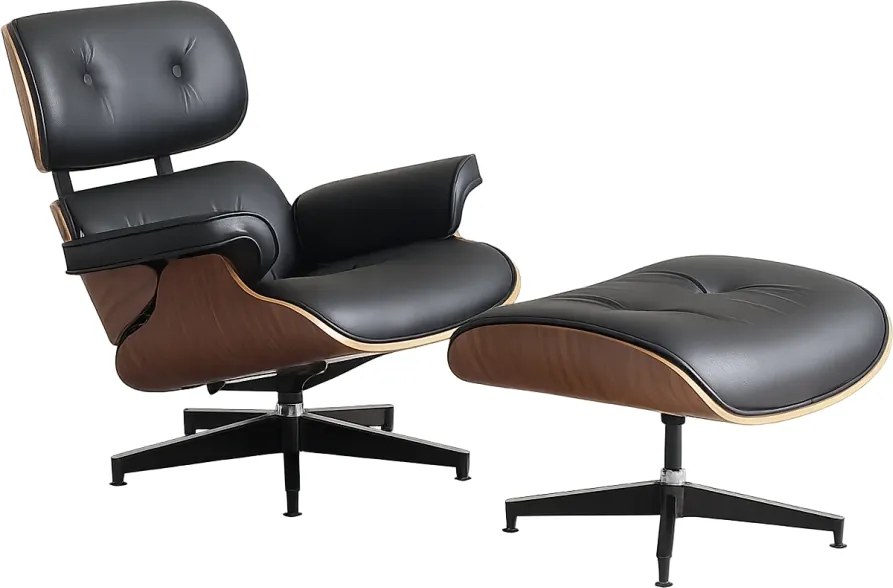 AVALON Accent Lounge Chair & Ottoman – Fotoliu Premium cu Taburet, Design Ergonomic, Piele Ecologică PU Premium, Furnir culoare Lemn Nuc, Bază Pivotantă din Aluminiu, Negru
