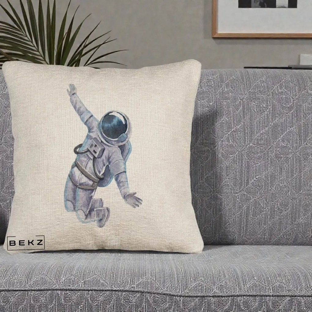 Perna Decorativa Astronaut Acuarela Zbor, 40x40 cm, Bej Canapea, Husa Detasabila, Perna Inclusa, BEKZ®