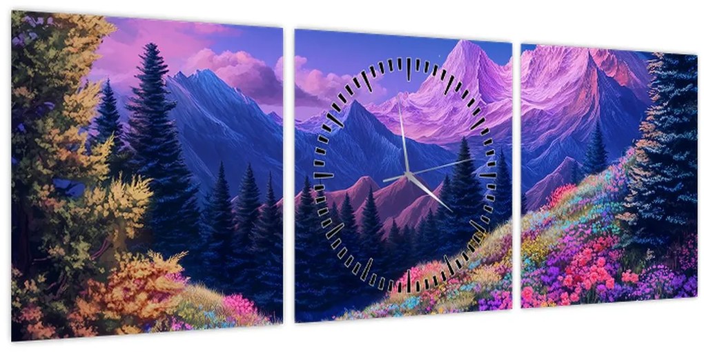 Tablou - Peisaj violet la lună plină (cu ceas) (90x30 cm)