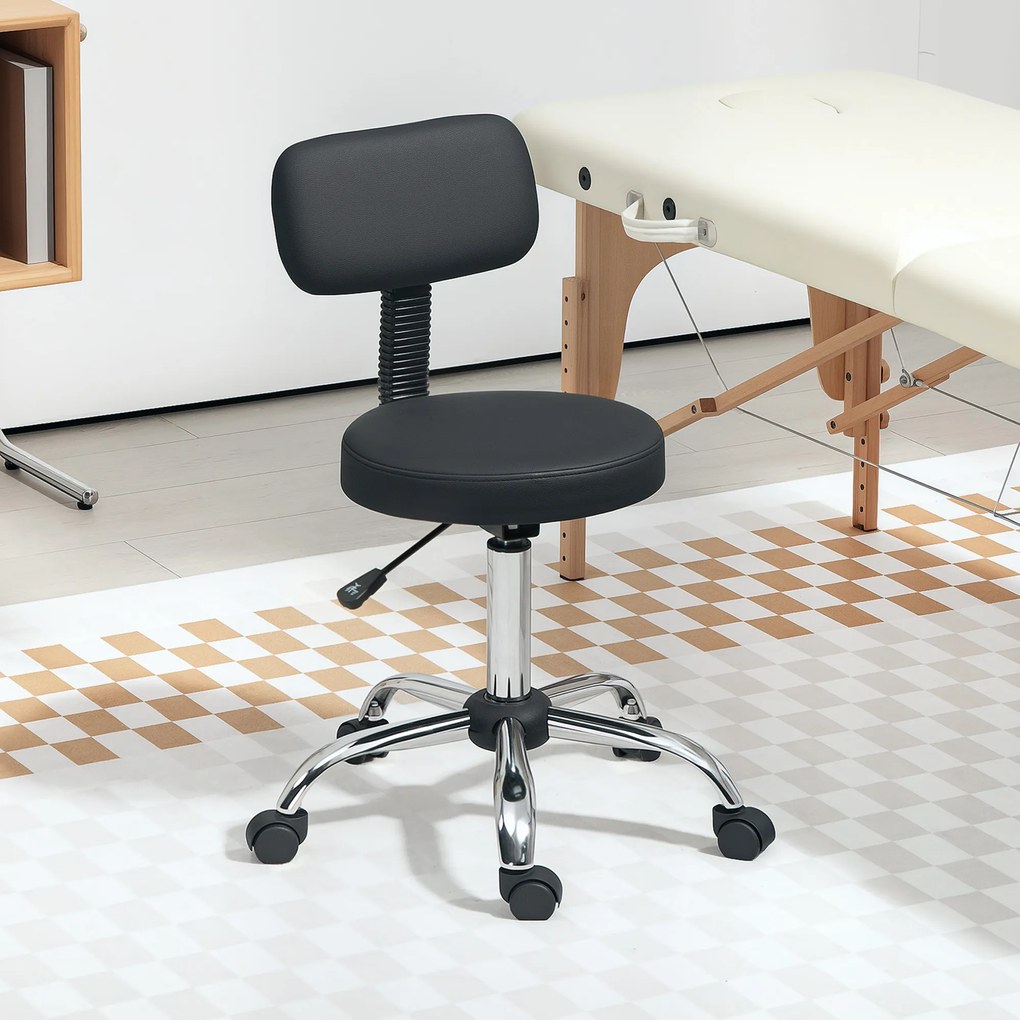 HOMCOM Taburet cu Roți, Rotativ 360°, Reglabil pe Înălțime, Piele Ecologică, Metal, 46x51x78-93 cm, Negru | Aosom Romania