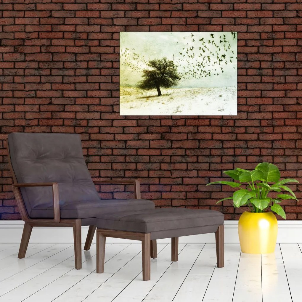 Tablou pe sticlă - cu multe păsări pictate (70x50 cm)