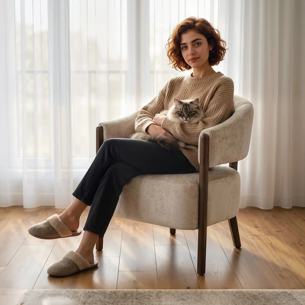 HOMCOM Fotoliu Elegante Tapițat cu Catifea Chenille și Cadru din Lemn Masiv, Fotoliu Modern pentru Living și Dormitor, Bej | Aosom Romania