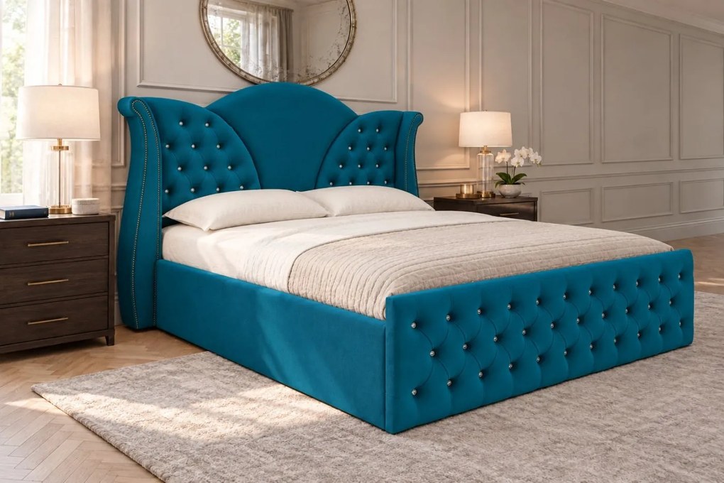 Pat tapițat Chesterfield din catifea Velora Cristal 140×200 cm, turcoaz, cu ladă de depozitare