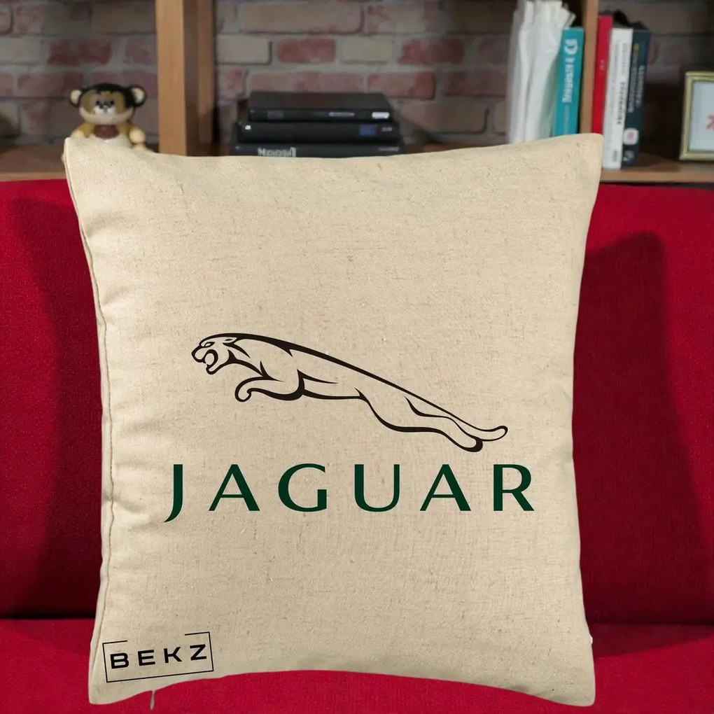 Perna Personalizata cu emblema Jaguar, 40x40 cm, Bej, Husa Detasabila, Perna Inclusa, BEKZ®