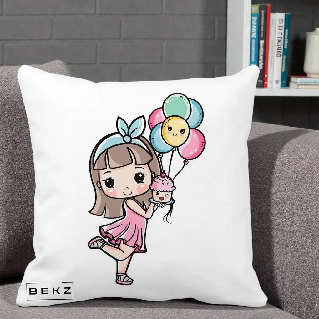 Perna Decorativa Fetita Kawaii cu Baloane si Cupcake, 40x40 cm, Alba Mata, Husa Detasabila, Perna Inclusa, BEKZ®