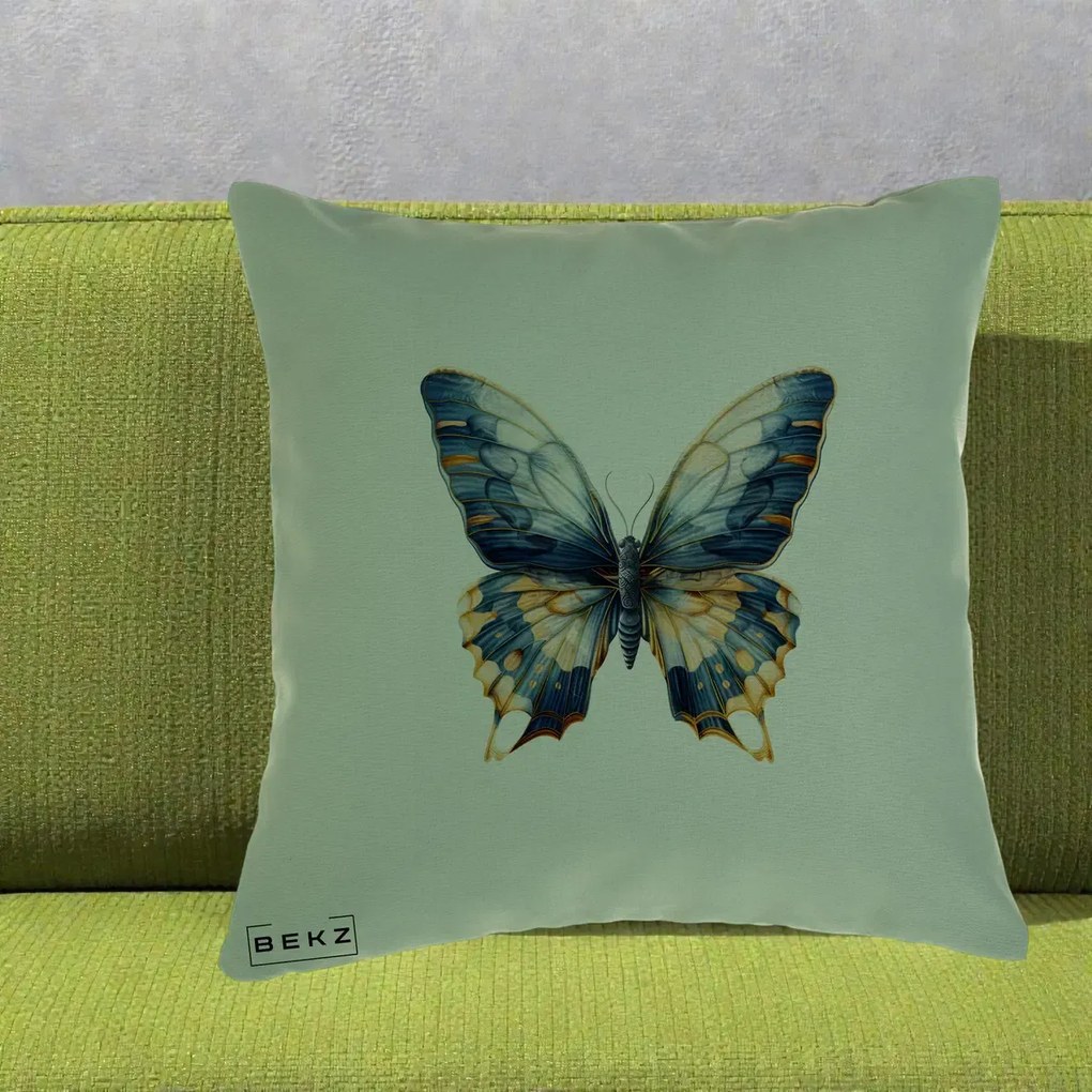 Perna Decorativa Fluture Albastru Auriu Elegant, 40x40 cm, Verde, Husa Detasabila, Perna Inclusa, BEKZ®