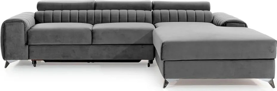 Colțar gri extensibil/cu spațiu de depozitare cu tapițerie din catifea (cu colț pe partea dreaptă/cu șezlong) Grayson – ELTAP