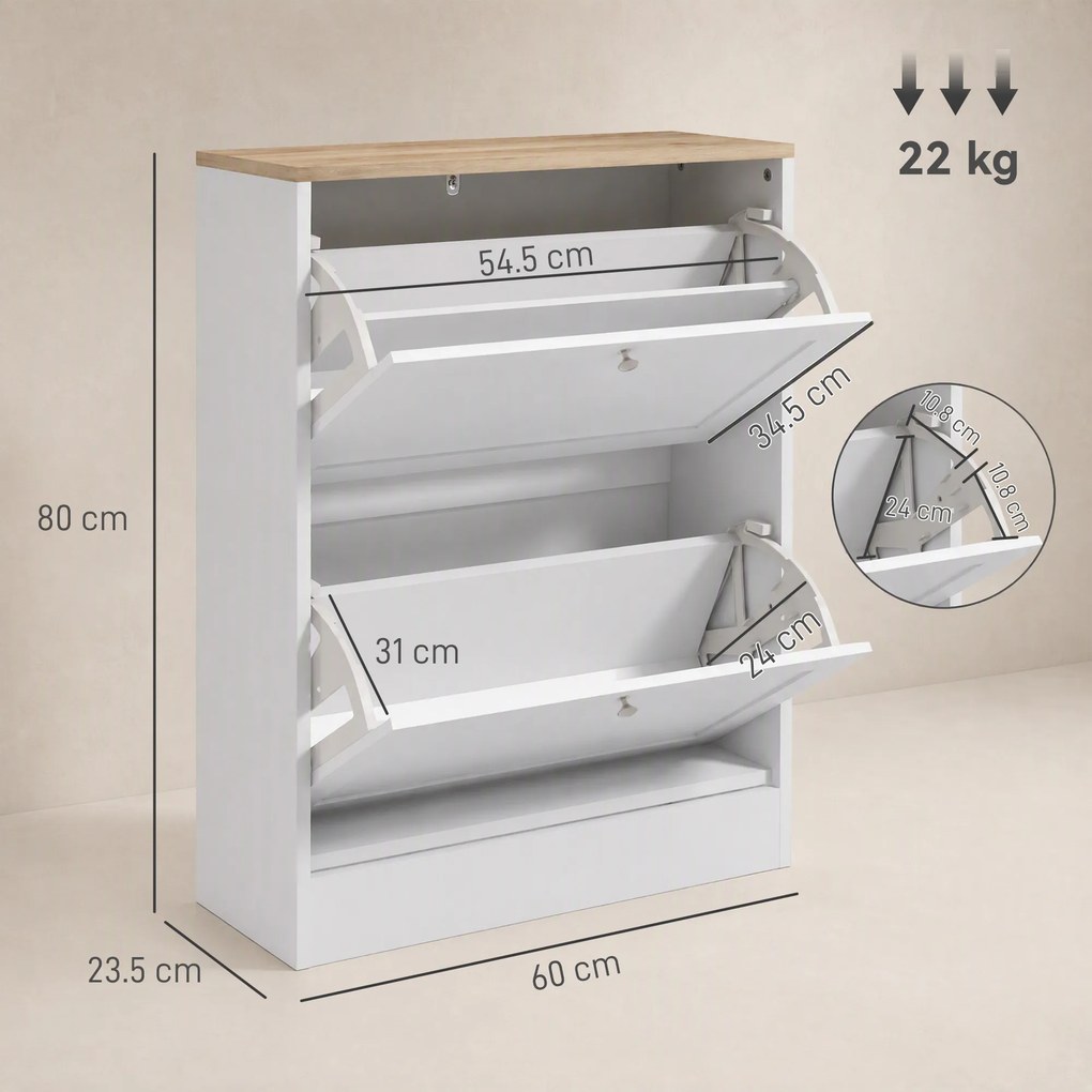 HOMCOM Pantofar Slim cu 2 Uși Rabatabile, Rafturi Reglabile și Detașabile, pentru 8-12 Perechi, 60x23,5x80 cm, Alb | Aosom Romania
