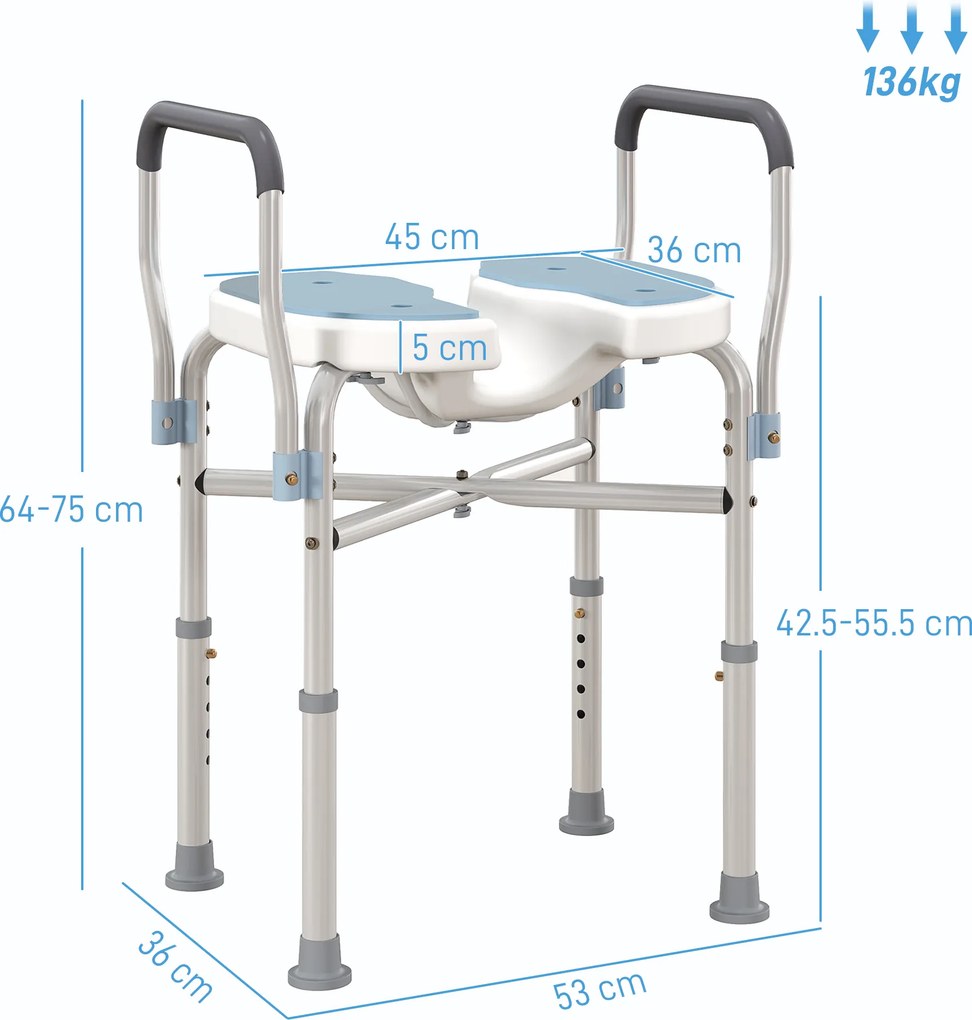 HOMCOM Scaun de Duș cu Brațe, Înălțime Reglabilă și Orificii pentru Scurgerea Apei, 53x36x64-75 cm, Albastru | Aosom Romania