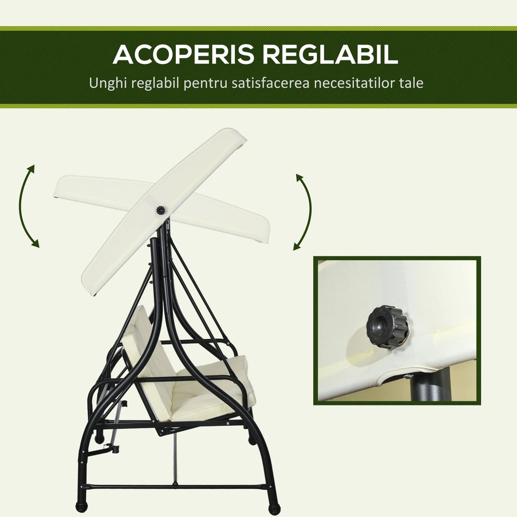 Outusunny Leagăn cu 3 Locuri de Grădină, Balansoar pentru Exterior cu Acoperiș Reglabil, din Oțel și Poliester, 195x117x175 cm, Crem | Aosom Romania