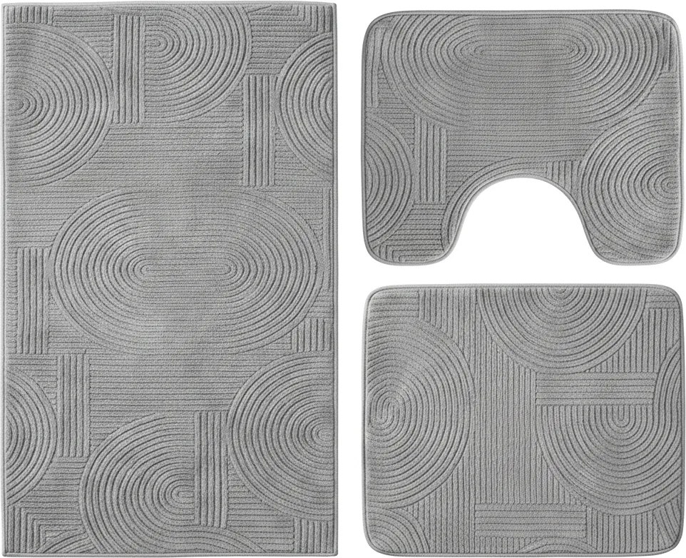 Set covoare baie antiderapante, 3 piese, gri, textura soft cu acolade