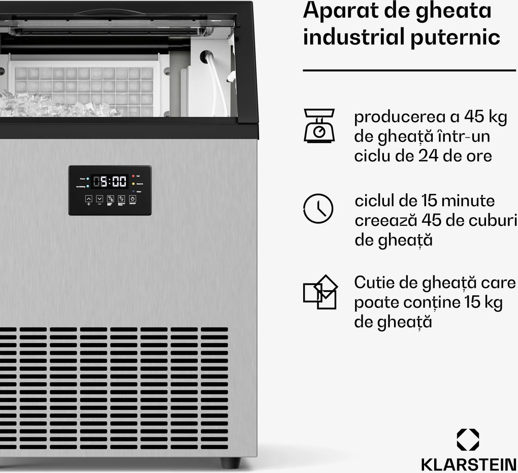 Klarstein Mașină de gheață industrială Glacial, 45 kg, cu afișaj LED și fereastră.