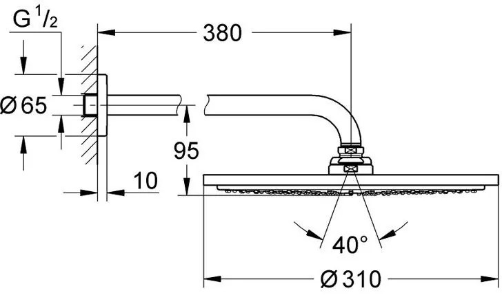 Palarie dus fix Grohe Rainshower Cosmopolitan 310, O31 cm cu brat, limitator de debit, montaj pe perete