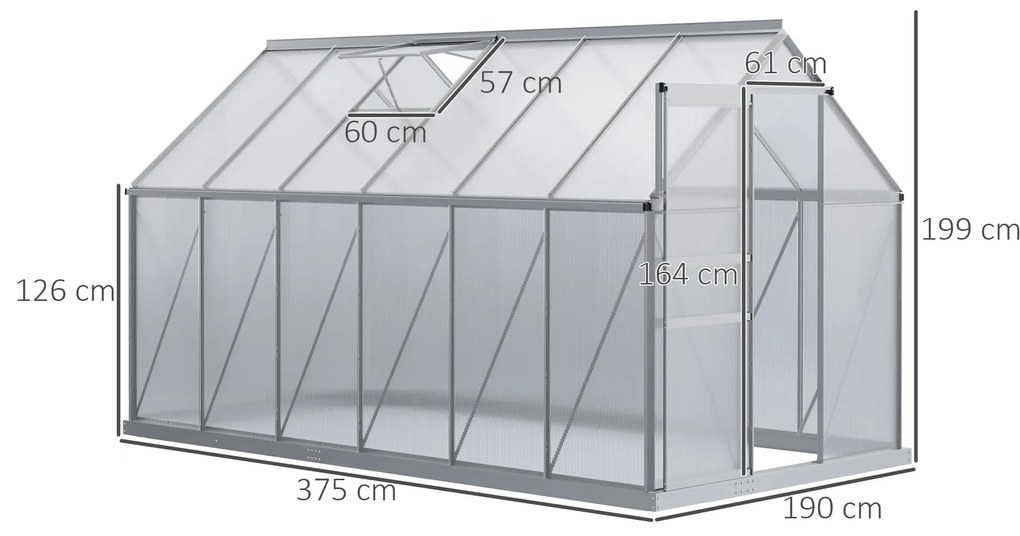 Outsunny Seră de Grădină din Policarbonat 7,1 m² dim. 1,9L x 3,75l x 1,99 m cu Fundație, Fereastră de Ventilație Reglabilă, Ușă Glisantă - Argintiu și Transparent | Aosom Romania
