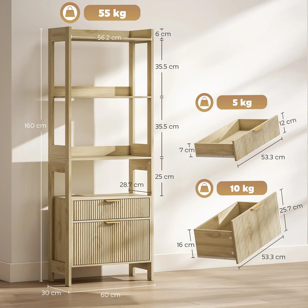 HOMCOM Bibliotecă înaltă, corp de depozitare cu 4 rafturi deschise și 2 sertare canelate, 60 x 30 x 160 cm, lemn natural | Aosom Romania