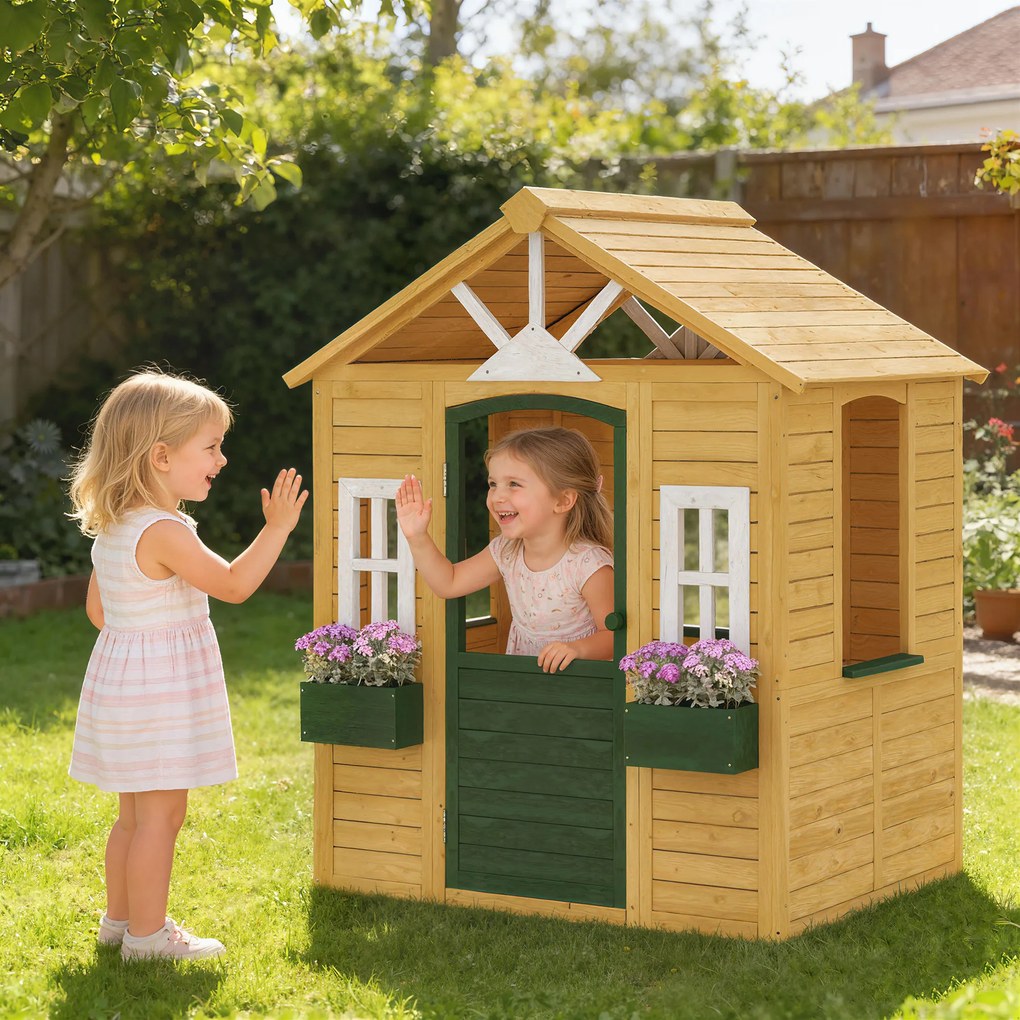 AIYAPLAY Căsuță de Grădină pentru Copii din Lemn de Molid, Căsuță de Exterior cu 3 Ferestre, 2 Jardiniere, Ușă și Acoperiș, pentru Copii 3-8 Ani, Interior și Exterior, 134.5x97x150 cm, Maro | Aosom Romania