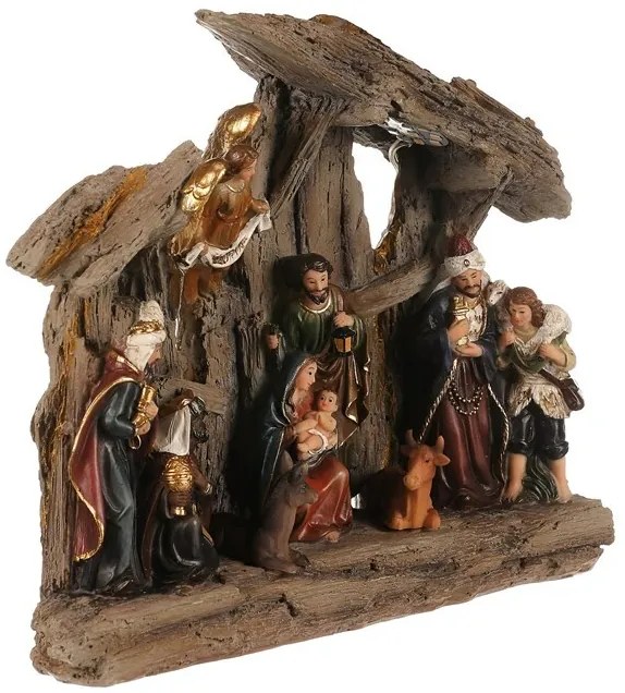 Decorație de Crăciun Betleem cu trei magi și înger, poliresină, LED, maro, 20x23x7cm
