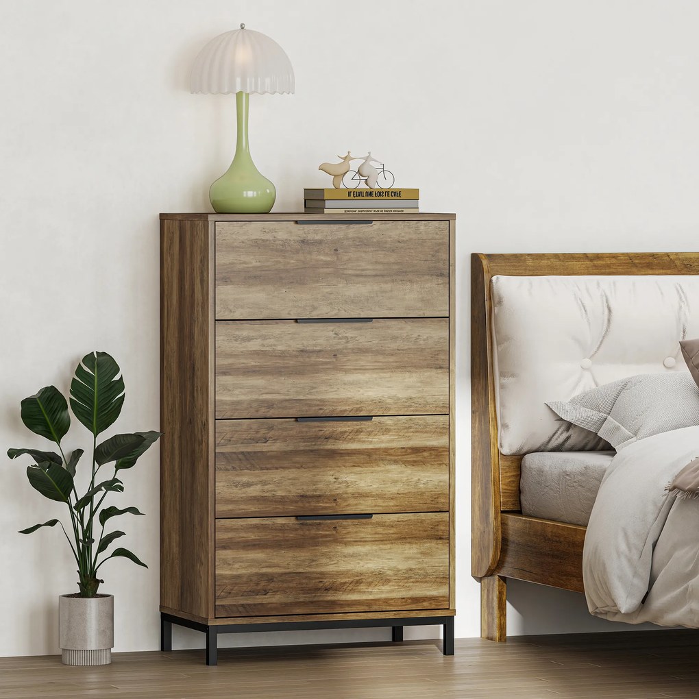 HOMCOM Comodă 4 Sertare din PAL și Metal 62x35x105 cm Maro Deschis | Aosom Romania