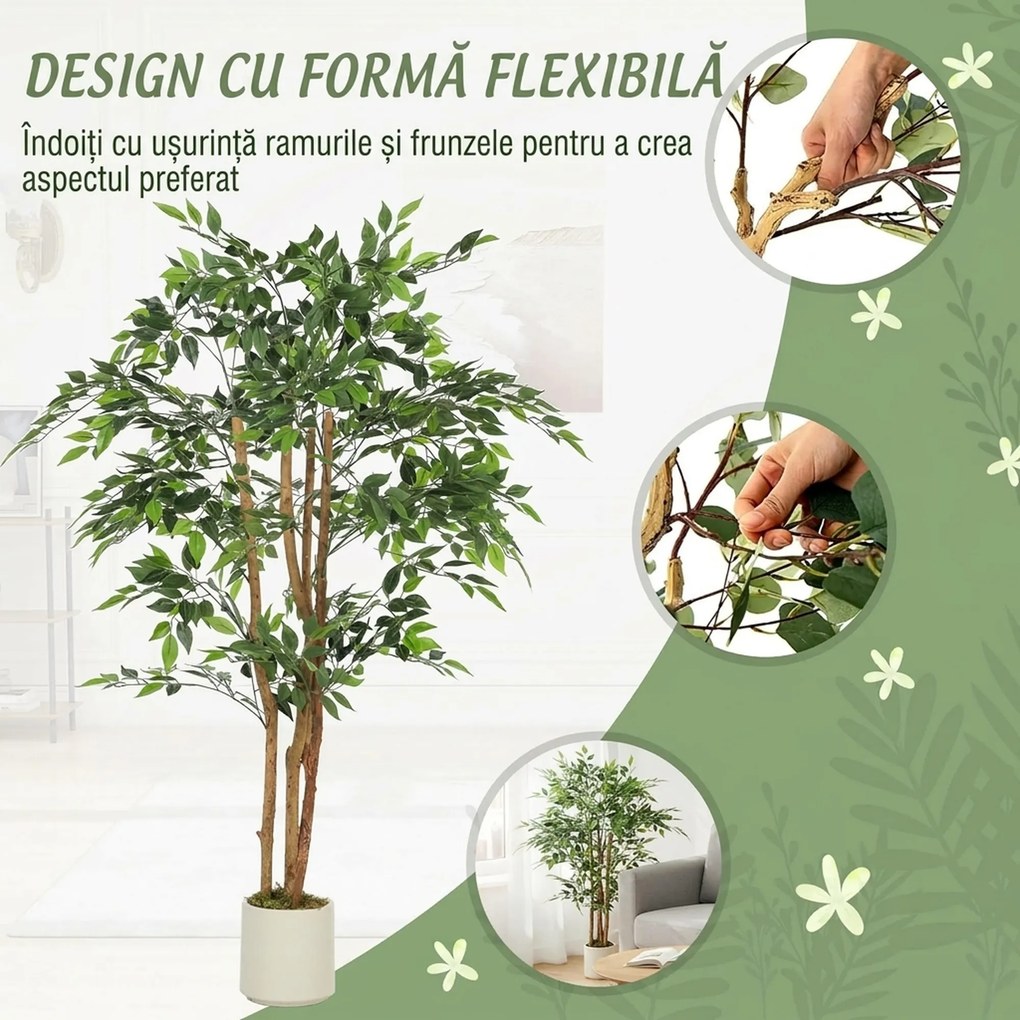 HOMCOM Plantă Artificială Banian din PEVA și Lemn cu Ramuri Modelabile și Ghiveci Alb din PP și Ciment | Aosom Romania