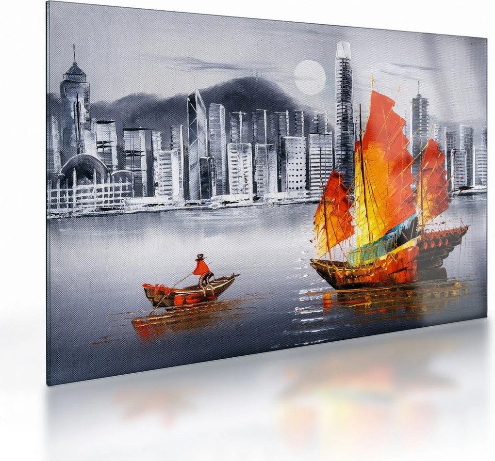 Tablou pe sticlă - Victoria Harbour, Hong Kong, pictură în ulei alb- negru (70x50 cm)