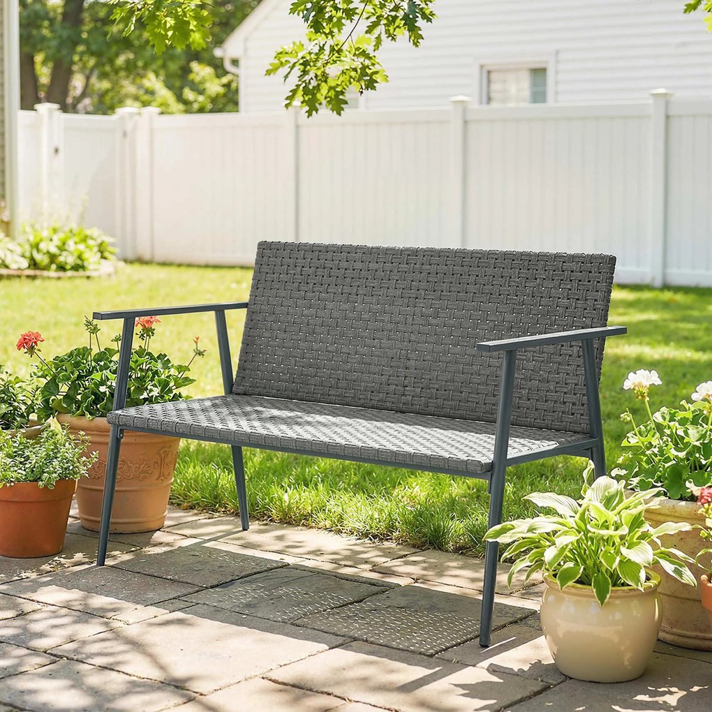 Outsunny Bancă de grădină 2 locuri din rășină împletită și oțel, cu cotiere, spătare și picioare reglabile, 110x58x78cm, gri | Aosom Romania