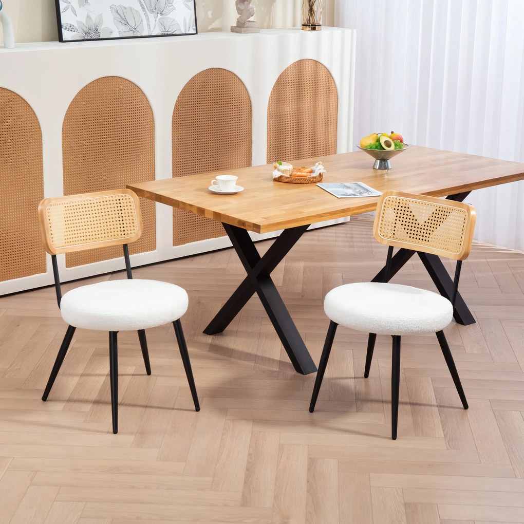 HOMCOM Lot de 2 scaune de bucatarie boho cu spatar din ratan pentru living, camera de zi, dormitor, alb | Aosom Romania