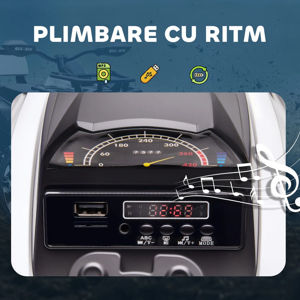 HOMCOM Quad Electric pentru Copii 3-5 Ani 12V, 3-8km/h Mini Quad pentru Copii cu 2 Motoare, Muzică, MP3, Conector USB, Card TF, Faruri și Pedală, Alb | Aosom Romania