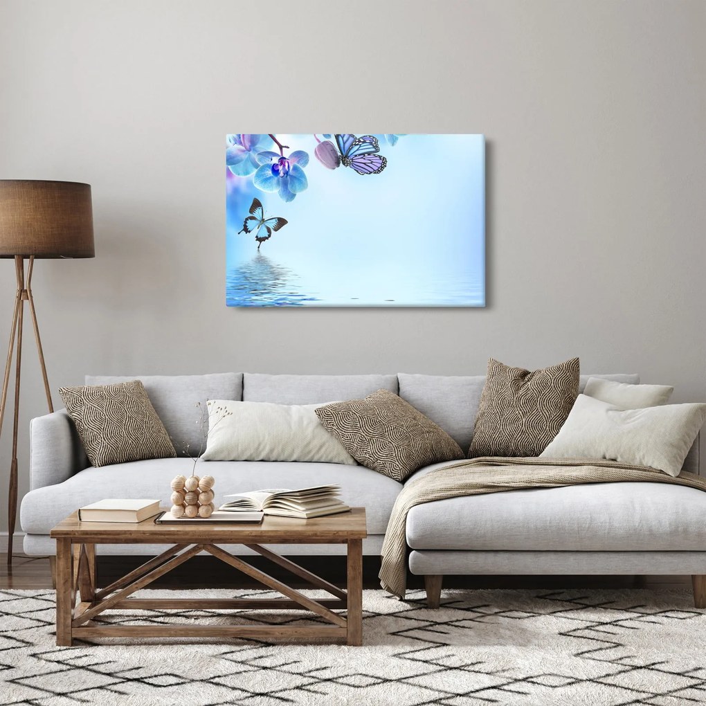 Tablou - Fluture pe flori de orhidee, albastru (90x60 cm)