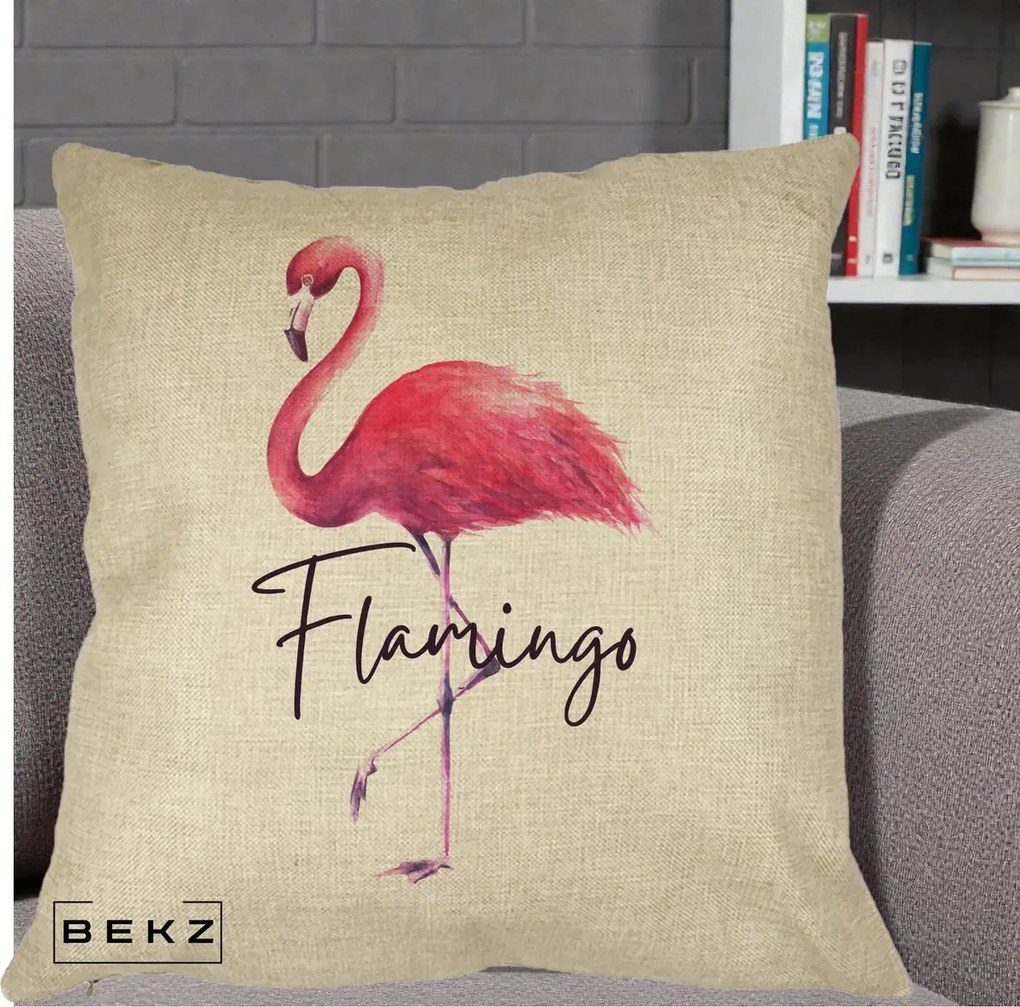 Perna Decorativa Flamingo Acuarela, 40x40 cm, Crem, Husa Detasabila, Perna Inclusa, BEKZ®