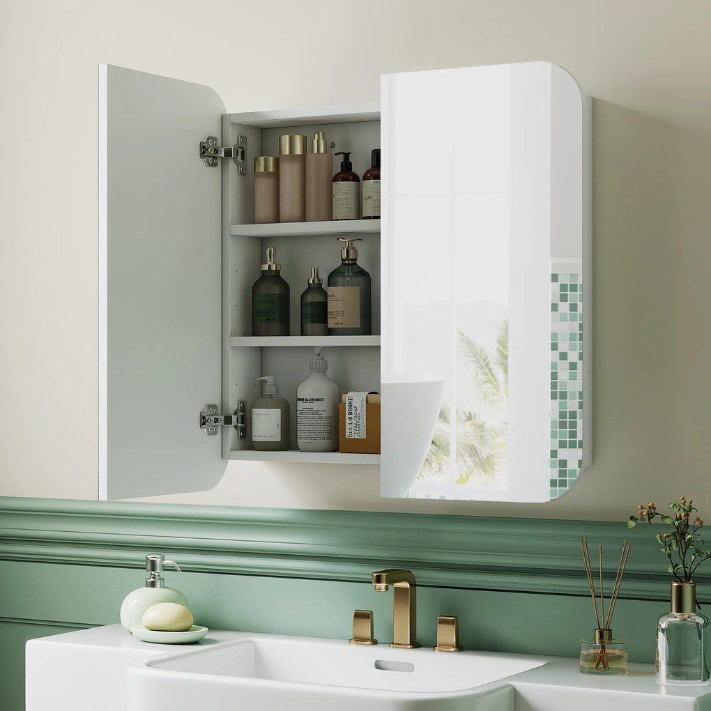 HOMCOM Dulap de perete pentru baie cu oglindă arcuită mobilier pentru baie rafturi reglabile uși oglindă 68 x 13 x 66 cm alb | Aosom Romania