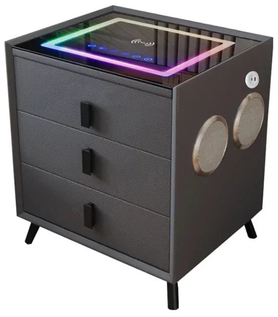 Noptiera inteligenta cu &icirc;ncărcare wireless și iluminare LED &ndash;culoare: gri antracit, 3 Sertare de depozitare, difuzor Bluetooth