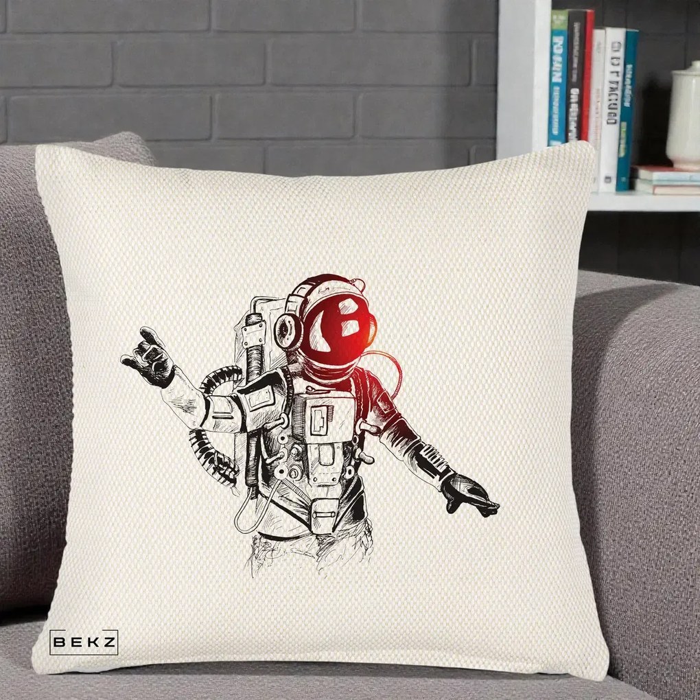 Perna Decorativa Astronaut Rock Sketching, 40x40 cm, Crem Reliefat, Husa Detasabila, Perna Inclusa, BEKZ®