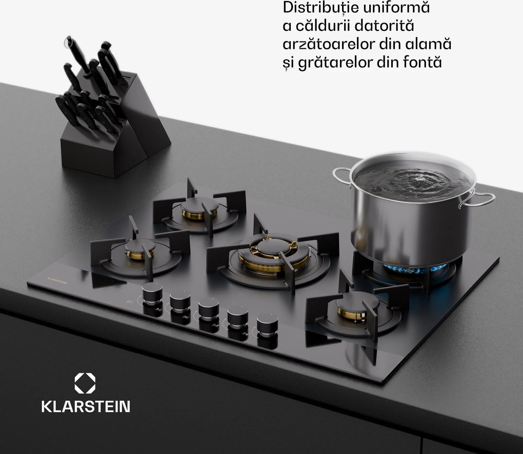 Klarstein Goldflame Nano plită pe gaz, 5 arzătoare din alamă, Strat Nano, GPL/gaz natural