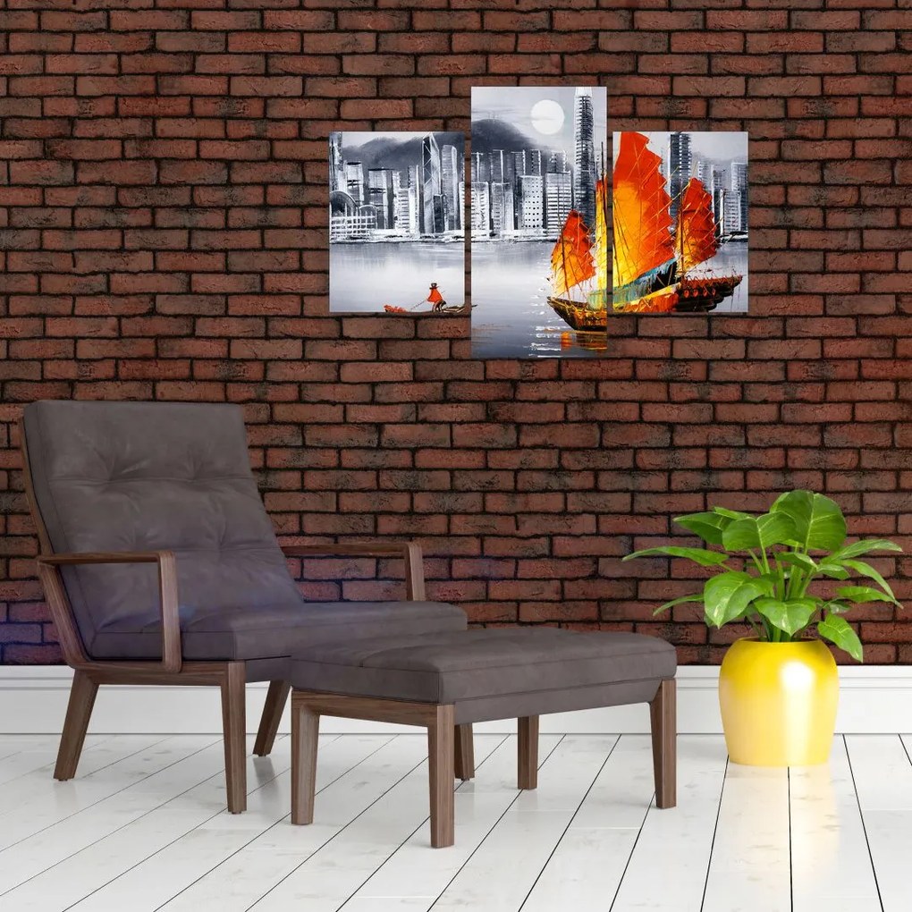 Tablou - Victoria Harbour, Hong Kong, pictură în ulei alb- negru (90x60 cm)