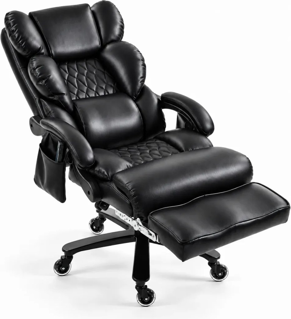 Aurelio Relax — Scaun directorial tip fotoliu, Masaj în 8 puncte, Încălzire, Reclinare 90°–155°, Suport pentru picioare, Cotiere capitonate, Piele ecologică PU, Negru