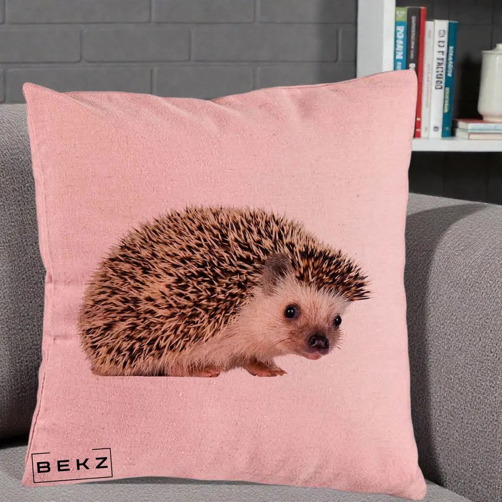 Perna Decorativa Arici Fotorealist, 40x40 cm, Roz, Husa Detasabila, Perna Inclusa, BEKZ®